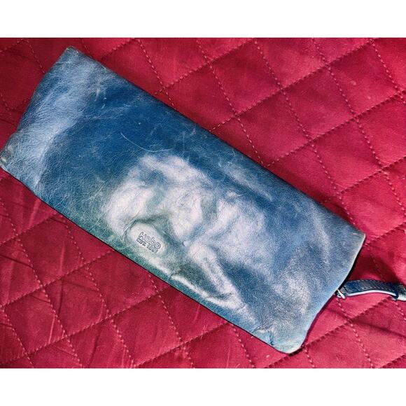 HOBO INTERNATIONAL Distressed Slate Blue Leather Fold Over Clutch - Picture 2 of 7